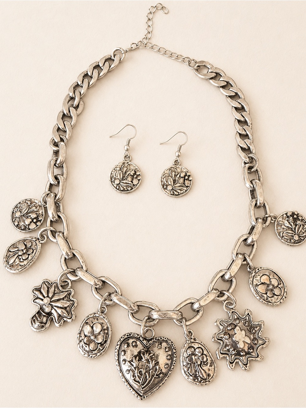 Vintage-Inspired Antique Silver Floral Charm Necklace & Earring Set